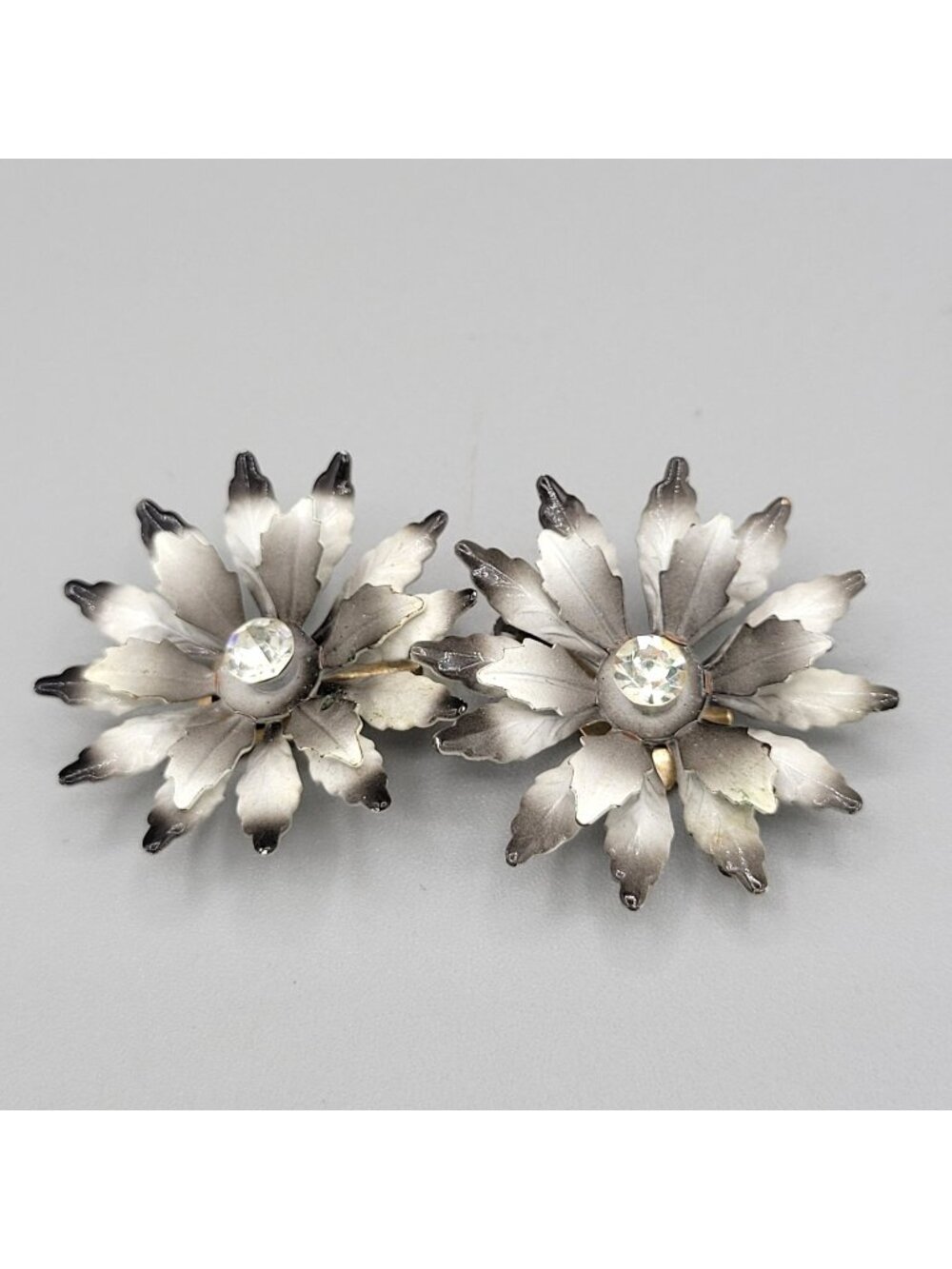 Vintage Coro Clip On Floral Earrings Rhinestone Center Accent Black Gray White
